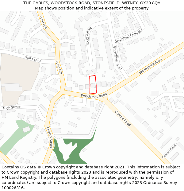 THE GABLES, WOODSTOCK ROAD, STONESFIELD, WITNEY, OX29 8QA: Location map and indicative extent of plot