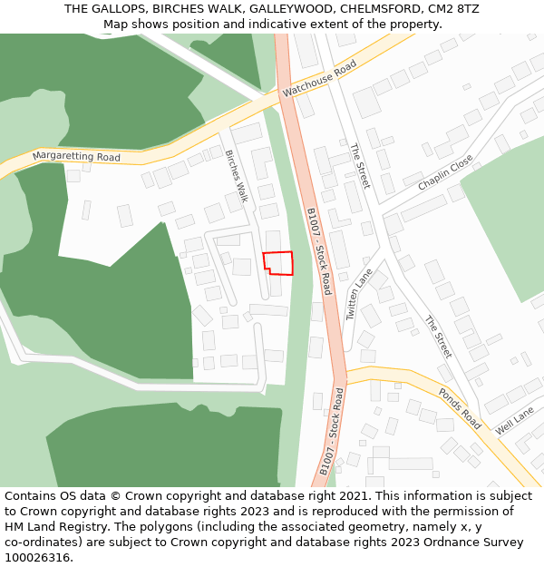 THE GALLOPS, BIRCHES WALK, GALLEYWOOD, CHELMSFORD, CM2 8TZ: Location map and indicative extent of plot