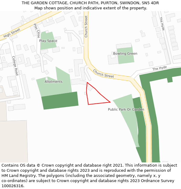 THE GARDEN COTTAGE, CHURCH PATH, PURTON, SWINDON, SN5 4DR: Location map and indicative extent of plot