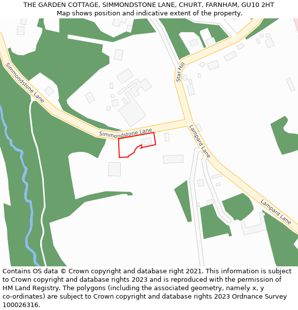 THE GARDEN COTTAGE, SIMMONDSTONE LANE, CHURT, FARNHAM, GU10 2HT: Location map and indicative extent of plot
