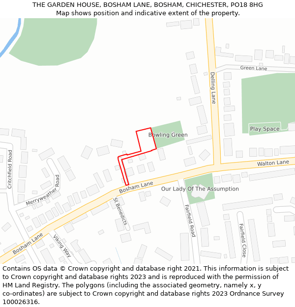 THE GARDEN HOUSE, BOSHAM LANE, BOSHAM, CHICHESTER, PO18 8HG: Location map and indicative extent of plot