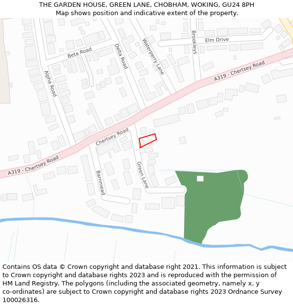 THE GARDEN HOUSE, GREEN LANE, CHOBHAM, WOKING, GU24 8PH: Location map and indicative extent of plot