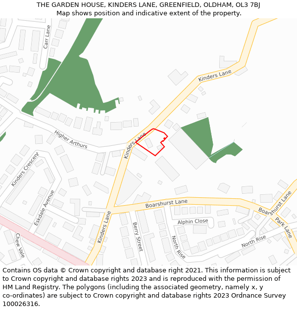 THE GARDEN HOUSE, KINDERS LANE, GREENFIELD, OLDHAM, OL3 7BJ: Location map and indicative extent of plot