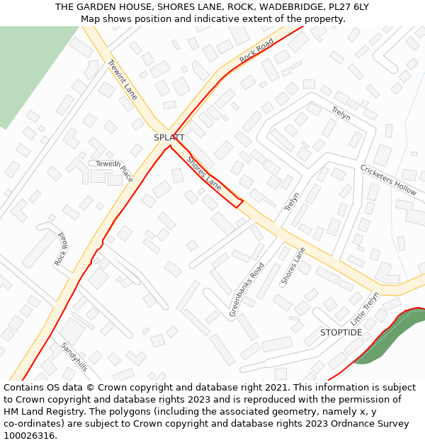 THE GARDEN HOUSE, SHORES LANE, ROCK, WADEBRIDGE, PL27 6LY: Location map and indicative extent of plot