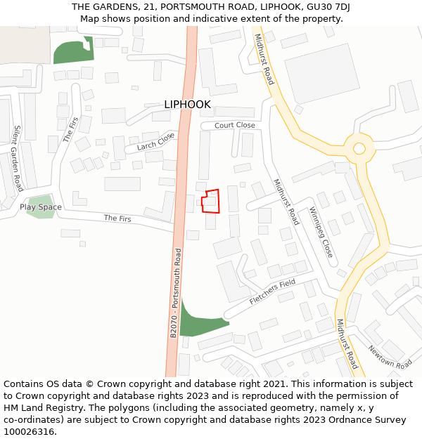 THE GARDENS, 21, PORTSMOUTH ROAD, LIPHOOK, GU30 7DJ: Location map and indicative extent of plot