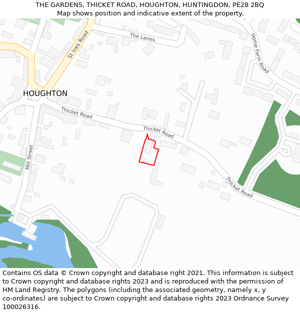 THE GARDENS, THICKET ROAD, HOUGHTON, HUNTINGDON, PE28 2BQ: Location map and indicative extent of plot