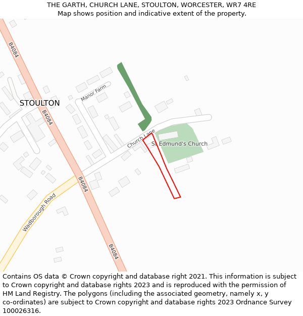 THE GARTH, CHURCH LANE, STOULTON, WORCESTER, WR7 4RE: Location map and indicative extent of plot