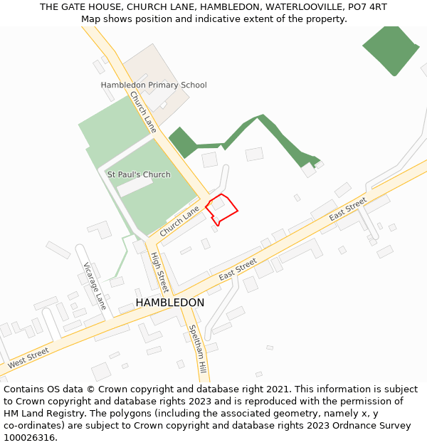 THE GATE HOUSE, CHURCH LANE, HAMBLEDON, WATERLOOVILLE, PO7 4RT: Location map and indicative extent of plot