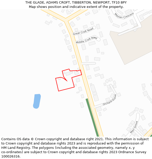 THE GLADE, ADAMS CROFT, TIBBERTON, NEWPORT, TF10 8PY: Location map and indicative extent of plot