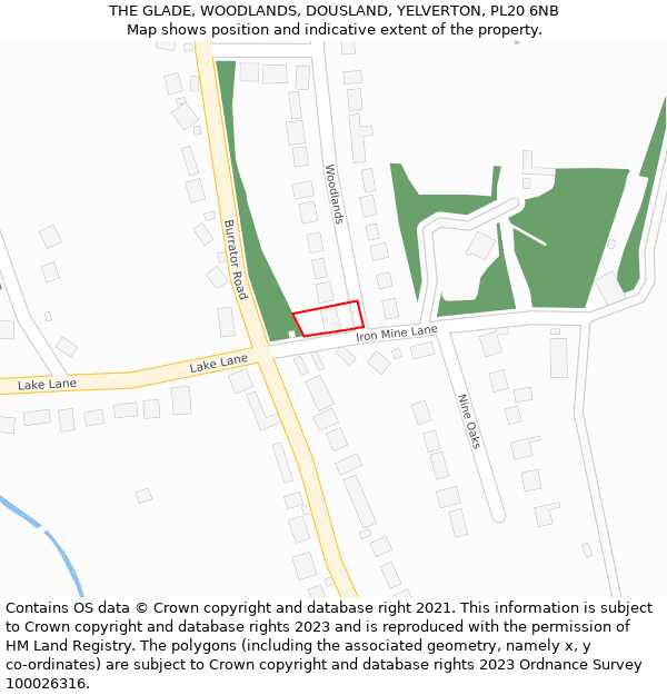 THE GLADE, WOODLANDS, DOUSLAND, YELVERTON, PL20 6NB: Location map and indicative extent of plot