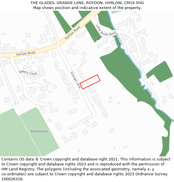 THE GLADES, GRANGE LANE, ROYDON, HARLOW, CM19 5HG: Location map and indicative extent of plot