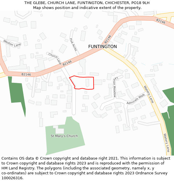 THE GLEBE, CHURCH LANE, FUNTINGTON, CHICHESTER, PO18 9LH: Location map and indicative extent of plot