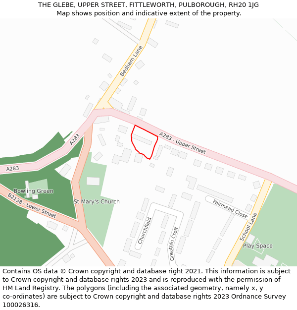 THE GLEBE, UPPER STREET, FITTLEWORTH, PULBOROUGH, RH20 1JG: Location map and indicative extent of plot
