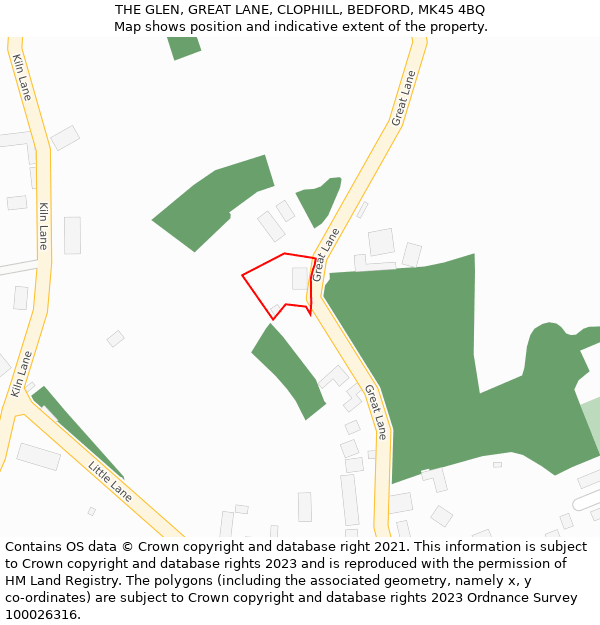 THE GLEN, GREAT LANE, CLOPHILL, BEDFORD, MK45 4BQ: Location map and indicative extent of plot