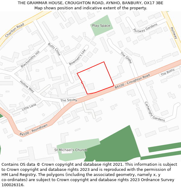 THE GRAMMAR HOUSE, CROUGHTON ROAD, AYNHO, BANBURY, OX17 3BE: Location map and indicative extent of plot