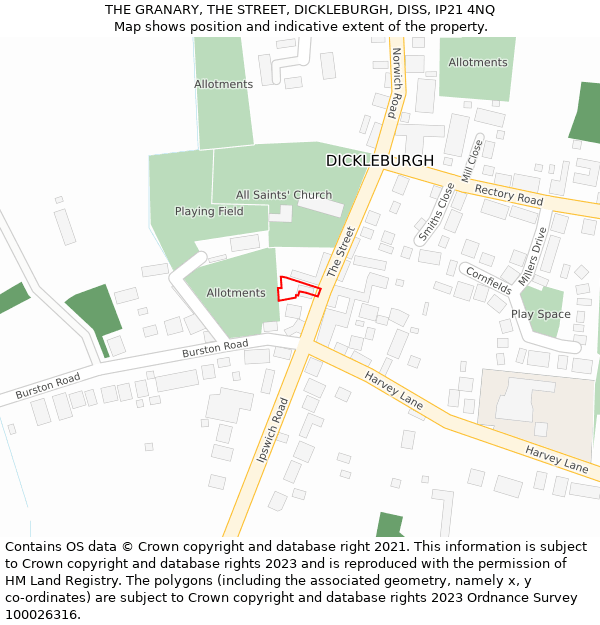 THE GRANARY, THE STREET, DICKLEBURGH, DISS, IP21 4NQ: Location map and indicative extent of plot