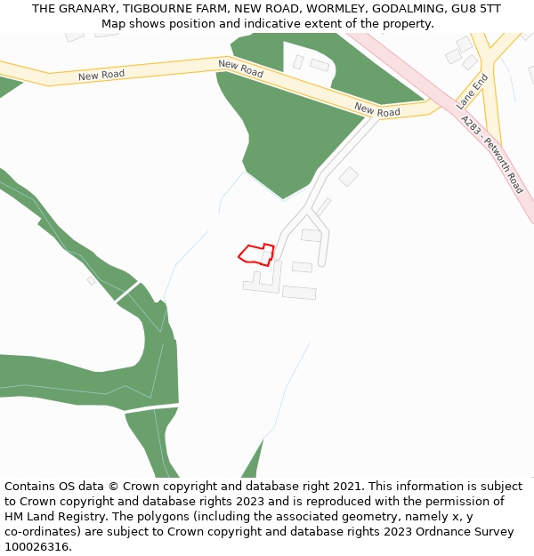 THE GRANARY, TIGBOURNE FARM, NEW ROAD, WORMLEY, GODALMING, GU8 5TT: Location map and indicative extent of plot