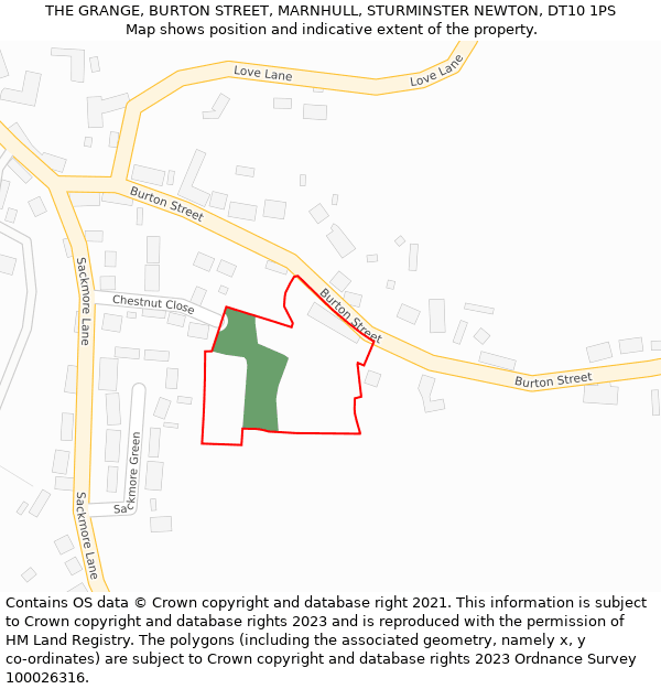 THE GRANGE, BURTON STREET, MARNHULL, STURMINSTER NEWTON, DT10 1PS: Location map and indicative extent of plot