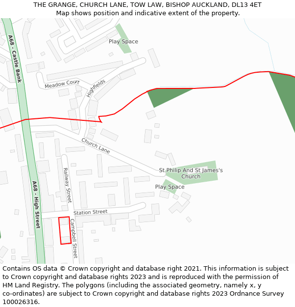 THE GRANGE, CHURCH LANE, TOW LAW, BISHOP AUCKLAND, DL13 4ET: Location map and indicative extent of plot