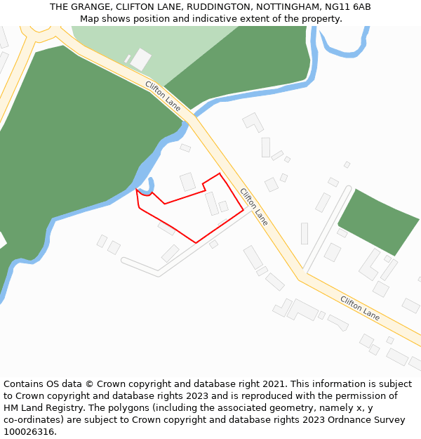 THE GRANGE, CLIFTON LANE, RUDDINGTON, NOTTINGHAM, NG11 6AB: Location map and indicative extent of plot