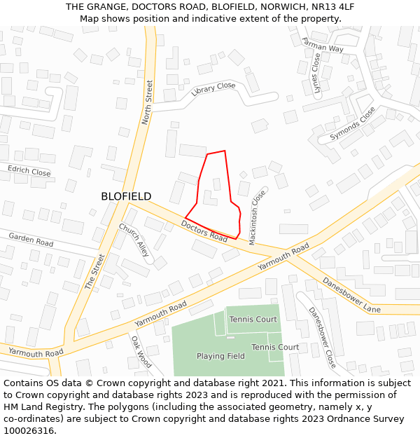 THE GRANGE, DOCTORS ROAD, BLOFIELD, NORWICH, NR13 4LF: Location map and indicative extent of plot