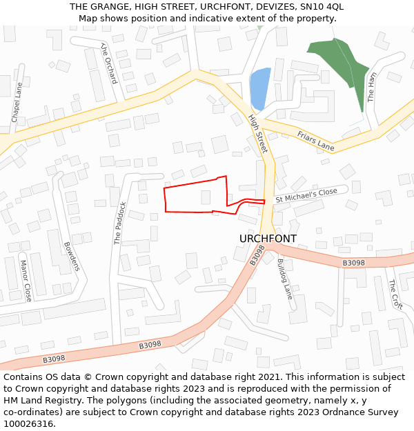 THE GRANGE, HIGH STREET, URCHFONT, DEVIZES, SN10 4QL: Location map and indicative extent of plot