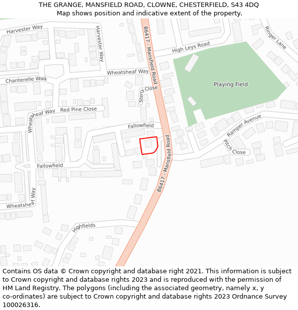 THE GRANGE, MANSFIELD ROAD, CLOWNE, CHESTERFIELD, S43 4DQ: Location map and indicative extent of plot