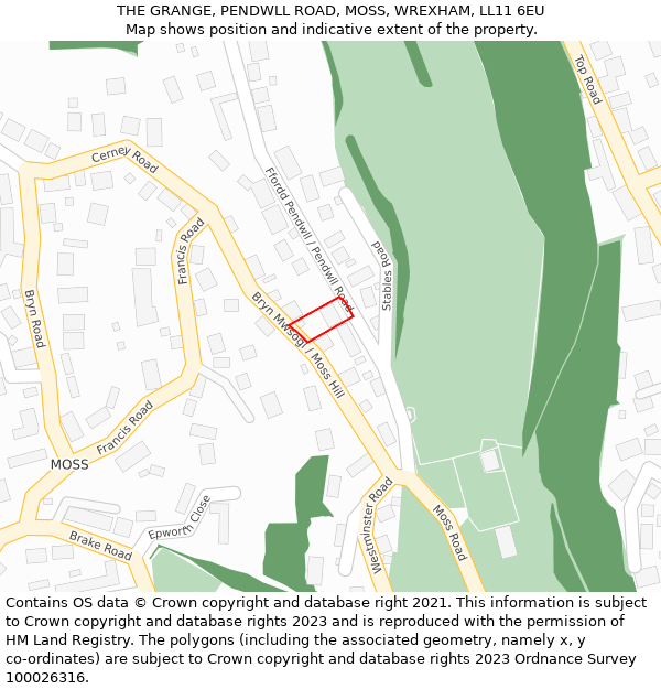 THE GRANGE, PENDWLL ROAD, MOSS, WREXHAM, LL11 6EU: Location map and indicative extent of plot