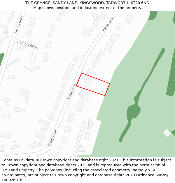 THE GRANGE, SANDY LANE, KINGSWOOD, TADWORTH, KT20 6ND: Location map and indicative extent of plot