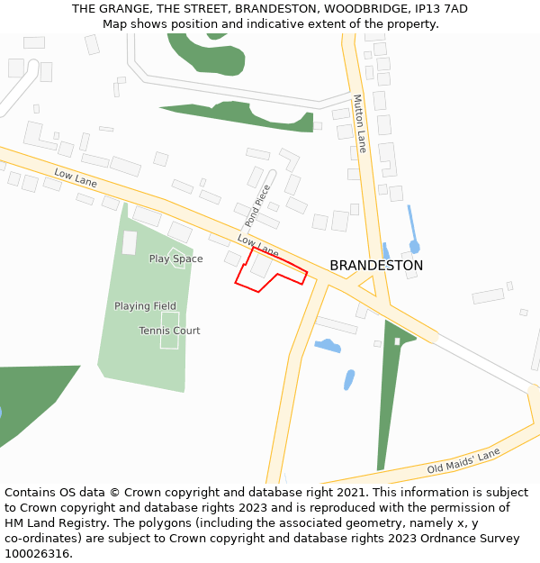 THE GRANGE, THE STREET, BRANDESTON, WOODBRIDGE, IP13 7AD: Location map and indicative extent of plot