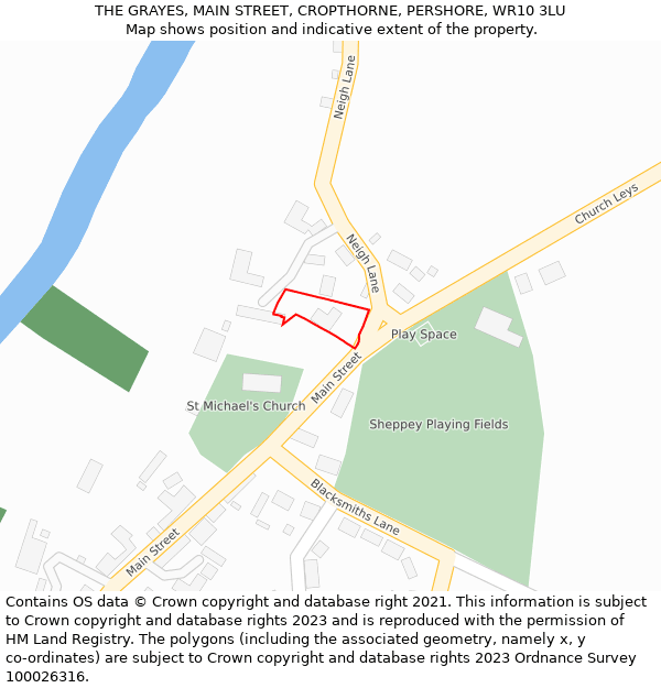 THE GRAYES, MAIN STREET, CROPTHORNE, PERSHORE, WR10 3LU: Location map and indicative extent of plot