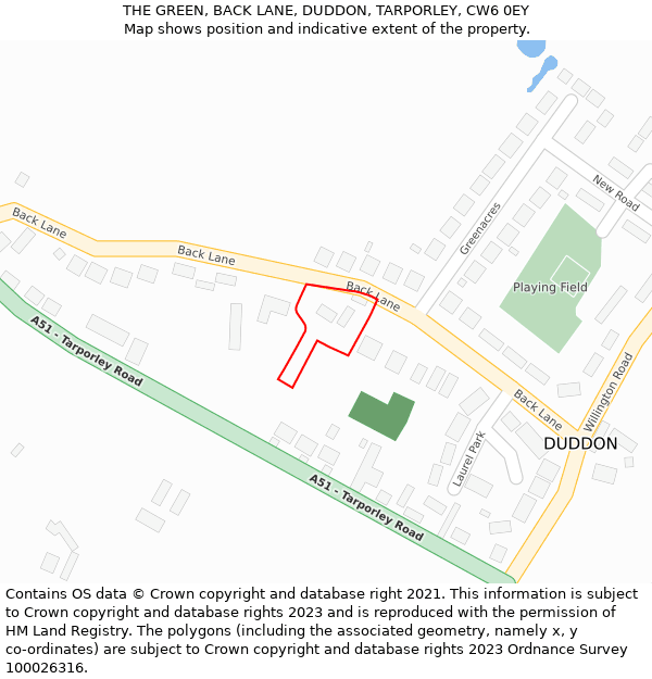 THE GREEN, BACK LANE, DUDDON, TARPORLEY, CW6 0EY: Location map and indicative extent of plot
