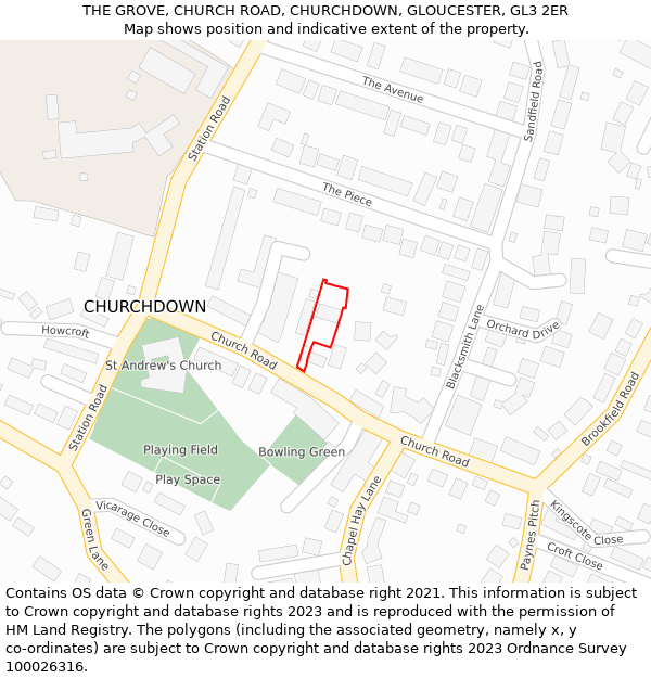 THE GROVE, CHURCH ROAD, CHURCHDOWN, GLOUCESTER, GL3 2ER: Location map and indicative extent of plot