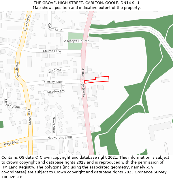 THE GROVE, HIGH STREET, CARLTON, GOOLE, DN14 9LU: Location map and indicative extent of plot