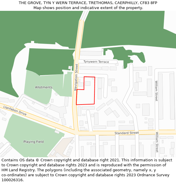 THE GROVE, TYN Y WERN TERRACE, TRETHOMAS, CAERPHILLY, CF83 8FP: Location map and indicative extent of plot