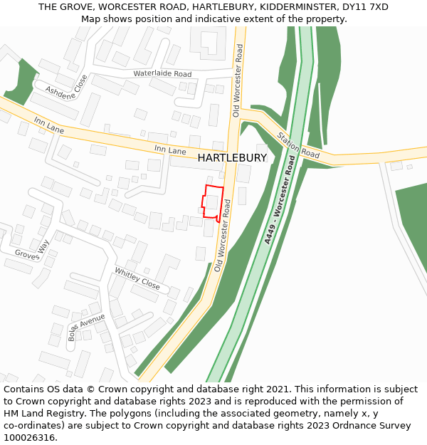 THE GROVE, WORCESTER ROAD, HARTLEBURY, KIDDERMINSTER, DY11 7XD: Location map and indicative extent of plot