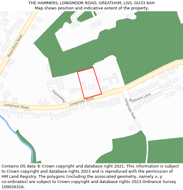 THE HAMMERS, LONGMOOR ROAD, GREATHAM, LISS, GU33 6AH: Location map and indicative extent of plot