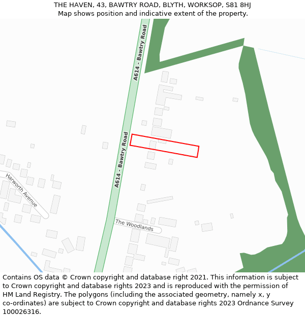 THE HAVEN, 43, BAWTRY ROAD, BLYTH, WORKSOP, S81 8HJ: Location map and indicative extent of plot