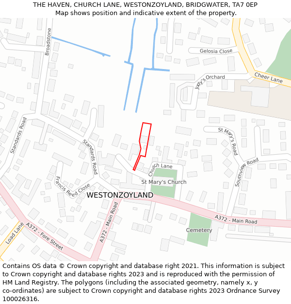 THE HAVEN, CHURCH LANE, WESTONZOYLAND, BRIDGWATER, TA7 0EP: Location map and indicative extent of plot