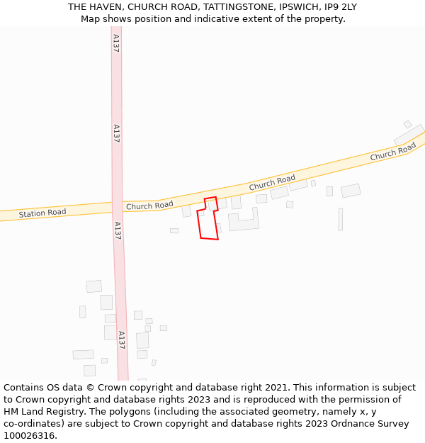 THE HAVEN, CHURCH ROAD, TATTINGSTONE, IPSWICH, IP9 2LY: Location map and indicative extent of plot