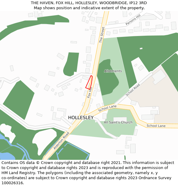 THE HAVEN, FOX HILL, HOLLESLEY, WOODBRIDGE, IP12 3RD: Location map and indicative extent of plot