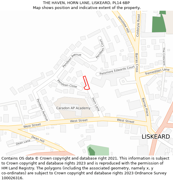 THE HAVEN, HORN LANE, LISKEARD, PL14 6BP: Location map and indicative extent of plot