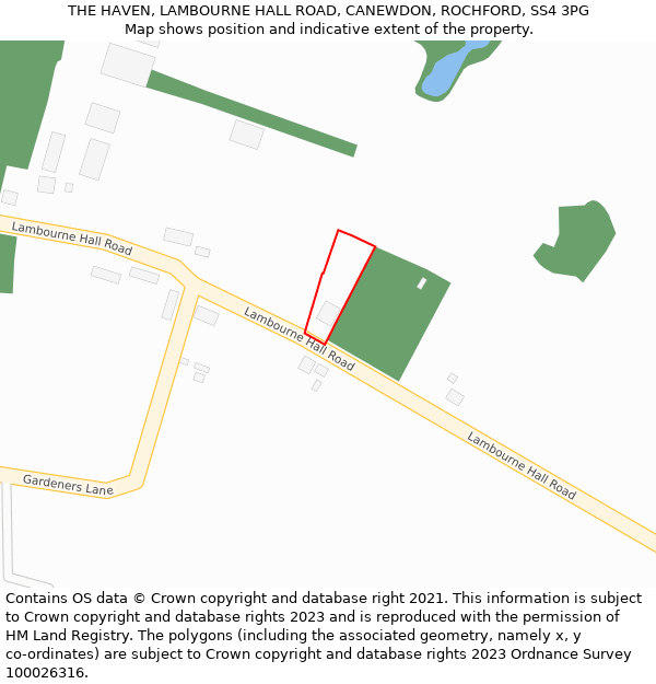 THE HAVEN, LAMBOURNE HALL ROAD, CANEWDON, ROCHFORD, SS4 3PG: Location map and indicative extent of plot