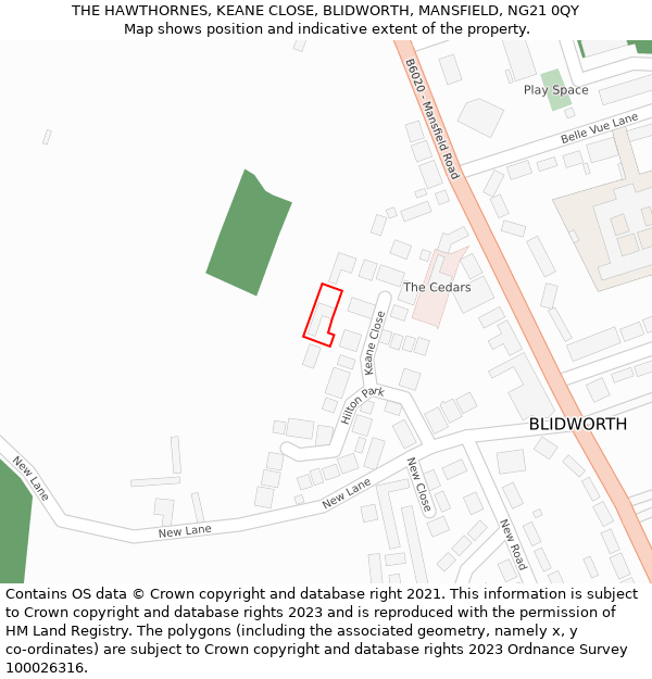 THE HAWTHORNES, KEANE CLOSE, BLIDWORTH, MANSFIELD, NG21 0QY: Location map and indicative extent of plot