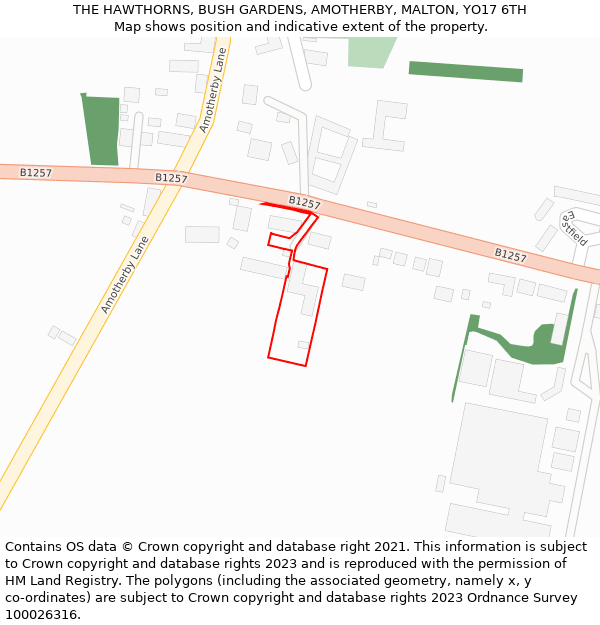 THE HAWTHORNS, BUSH GARDENS, AMOTHERBY, MALTON, YO17 6TH: Location map and indicative extent of plot
