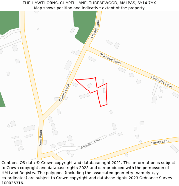 THE HAWTHORNS, CHAPEL LANE, THREAPWOOD, MALPAS, SY14 7AX: Location map and indicative extent of plot