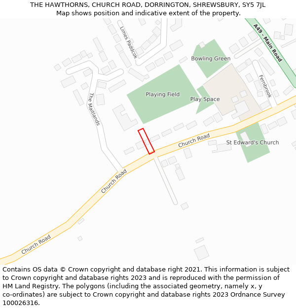 THE HAWTHORNS, CHURCH ROAD, DORRINGTON, SHREWSBURY, SY5 7JL: Location map and indicative extent of plot