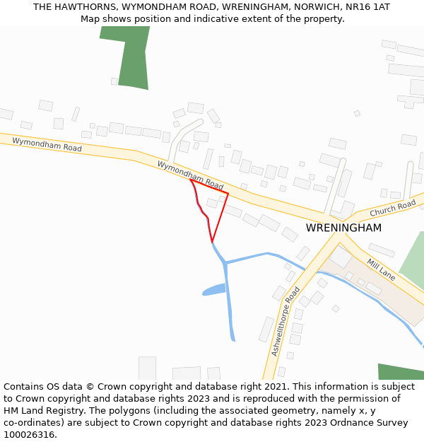 THE HAWTHORNS, WYMONDHAM ROAD, WRENINGHAM, NORWICH, NR16 1AT: Location map and indicative extent of plot