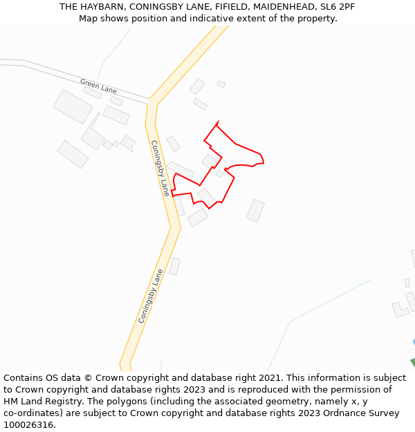 THE HAYBARN, CONINGSBY LANE, FIFIELD, MAIDENHEAD, SL6 2PF: Location map and indicative extent of plot