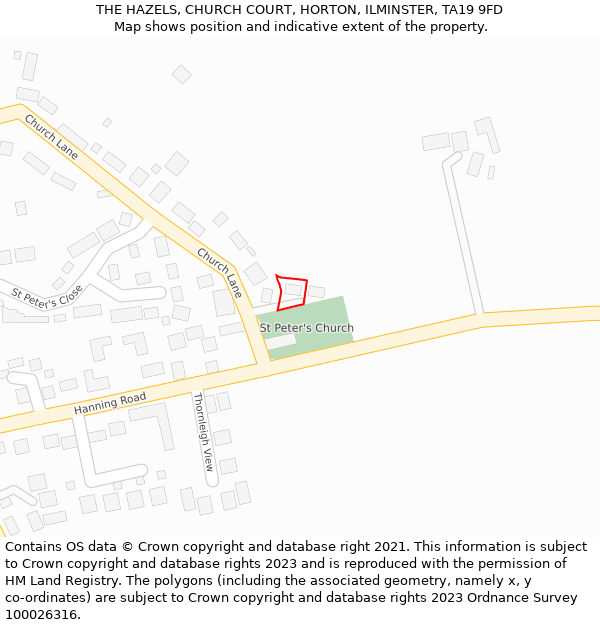 THE HAZELS, CHURCH COURT, HORTON, ILMINSTER, TA19 9FD: Location map and indicative extent of plot